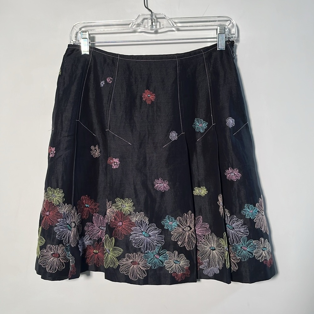 SILKLAND Coquette Boho Work 100% Linen Floral Embroidered A-line Pleated Skirt 6